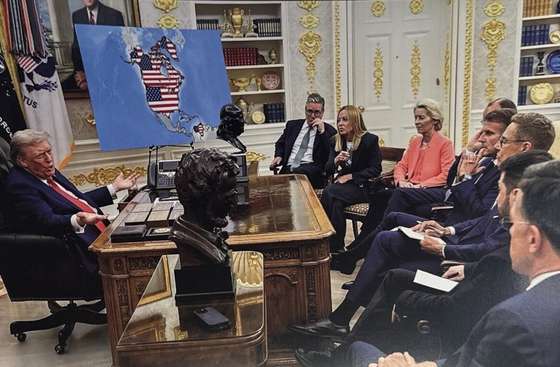 Imagem gerada por Intelig&Atilde;&ordf;ncia Artificial. Donald Trump na Casa Branca com l&Atilde;&shy;deres europeus