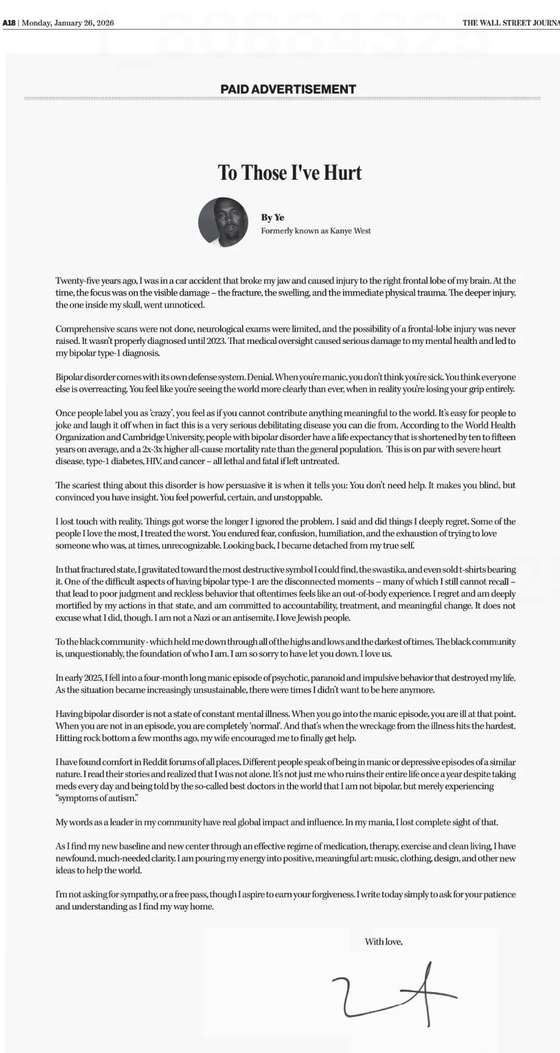 Wall Street Journal publicou o texto de Ye como "an&Atilde;&ordm;ncio pago"