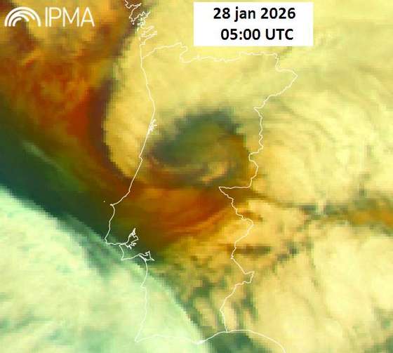 Legenda:Figura 1&Acirc;&nbsp;&acirc; Imagem do sat&Atilde;&copy;lite MTG, produto RGB massa de ar, 05:00 UTC, 28 jan 2026 (EUMETview, portal EUMETSAT). Not&Atilde;&sup3;ria a presen&Atilde;&sect;a de um padr&Atilde;&pound;o acastanhado nas vizinhan&Atilde;&sect;as da tempestade Kristin, sin&Atilde;&sup3;nimo da presen&Atilde;&sect;a de ar seco.