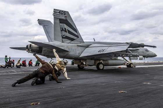 260128-N-OR861-1051 ARABIAN SEA (Jan. 28, 2026) An F/A-18E Super Hornet, attached to Strike Fighter Squadron (VFA) 151, launches from the flight deck of Nimitz-class aircraft carrier USS Abraham Lincoln (CVN 72) in the Arabian Sea, Jan. 28. Abraham Lincoln is deployed to the U.S. 5th Fleet area of operations to support maritime security and stability in the CENTCOM area of responsibility. (U.S. Navy photo by Mass Communication Specialist Seaman Zoe Simpson)