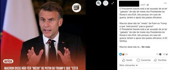 Publica&Atilde;&sect;&Atilde;&pound;o de Facebook que apresenta declara&Atilde;&sect;&Atilde;&micro;es de Emmanuel Macron sobre a R&Atilde;&ordm;ssia.