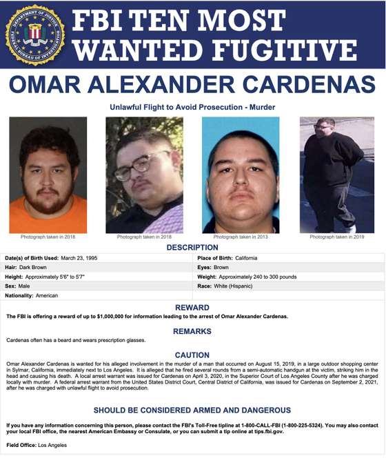 Omar Alexander Cardenas no FBI "Most Wanted List""