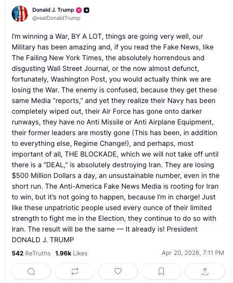 Declara&Atilde;&sect;&Atilde;&pound;o de Donald Trump. 20 de abril 2026