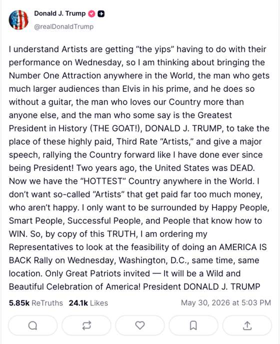 Trump sobre cancelamentos de artistas a prop&Atilde;&sup3;sito da celebra&Atilde;&sect;&Atilde;&pound;o dos 250 anos dos EUA