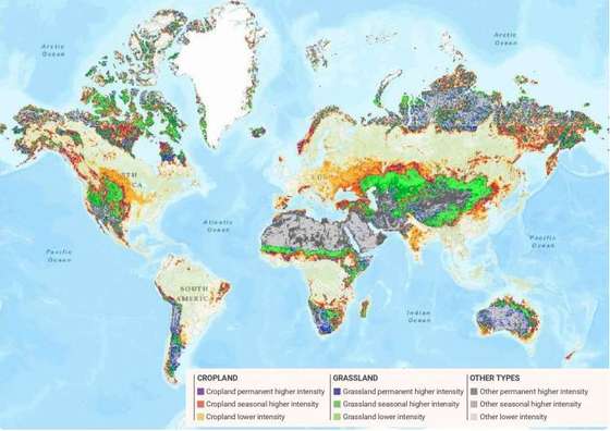 Distribui&Atilde;&sect;&Atilde;&pound;o mundial das principais fontes potenciais de areia e poeiras, segundo o tipo de cobertura do solo.Fonte: Conven&Atilde;&sect;&Atilde;&pound;o das Na&Atilde;&sect;&Atilde;&micro;es Unidas de Combate &Atilde;&nbsp; Desertifica&Atilde;&sect;&Atilde;&pound;o (UNCCD)