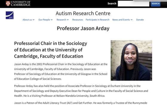 Jason Arday, p&Atilde;&iexcl;gina da Univerisidade de Cambridge