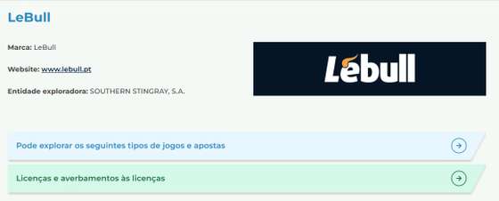 LeBull no registo de entidades licenciadas do SRIJ, operada pela Southern Stingray 