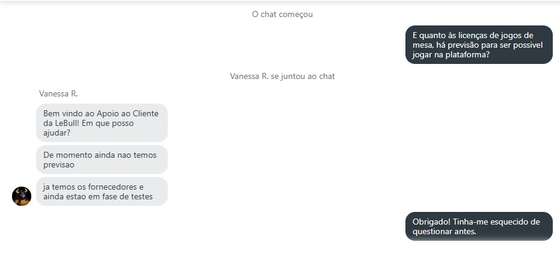 Chat do apoio ao cliente da LeBull sobre a previs&Atilde;&pound;o de disponibiliza&Atilde;&sect;&Atilde;&pound;o de jogos de mesa 