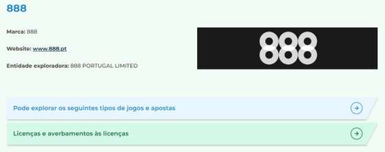 Registo da 888 no SRIJ, com identifica&Atilde;&sect;&Atilde;&pound;o da 888 Portugal Limited e do site autorizado 888.pt
