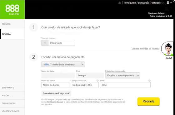 Formul&Atilde;&iexcl;rio de levantamento do 888Casino por transfer&Atilde;&ordf;ncia banc&Atilde;&iexcl;ria, com campos para o valor, IBAN e c&Atilde;&sup3;digo SWIFT/BIC