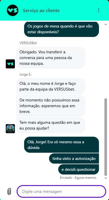 Resposta do apoio ao cliente da VERSUSbet sobre a disponibilidade dos jogos de mesa