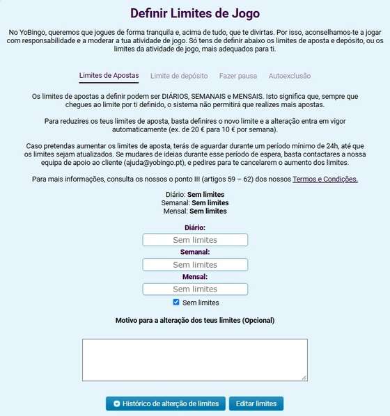 Como definir limites de jogo na YoBingo Portugal