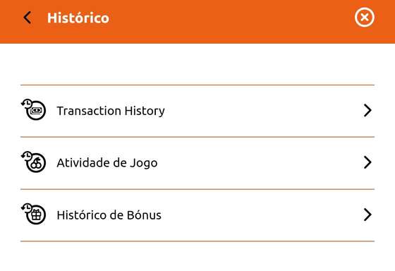 Menu de hist&Atilde;&sup3;rico do BacanaPlay com acesso &Atilde;&nbsp;s transa&Atilde;&sect;&Atilde;&micro;es financeiras, atividade de jogo e hist&Atilde;&sup3;rico de b&Atilde;&sup3;nus