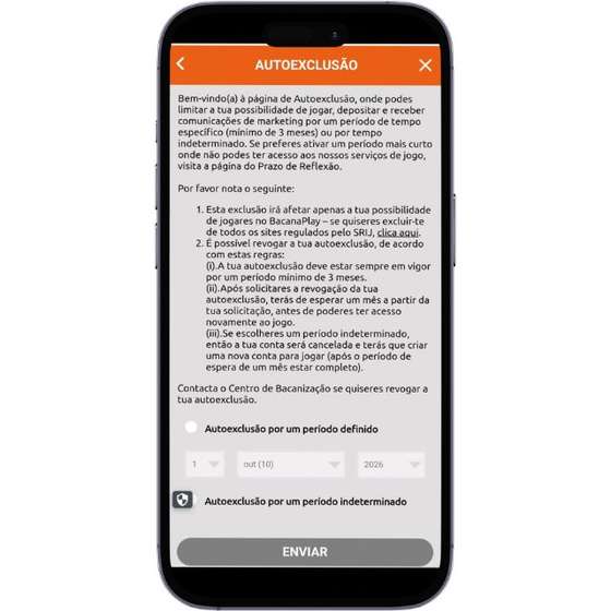 Menu de autoexclus&Atilde;&pound;o do BacanaPlay com op&Atilde;&sect;&Atilde;&micro;es de suspens&Atilde;&pound;o por per&Atilde;&shy;odo definido ou indeterminado