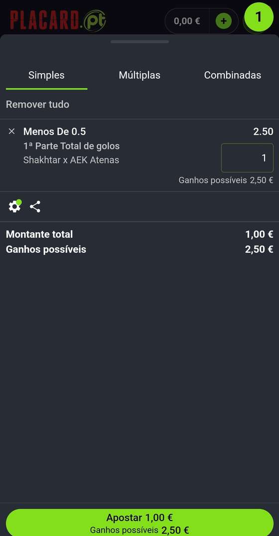 Boletim de aposta gr&Atilde;&iexcl;tis em Menos de 0,5 golos na app Placard