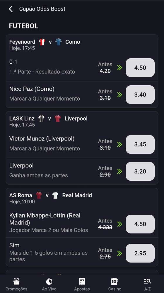 &Atilde;rea Odds Boosts da app Placard