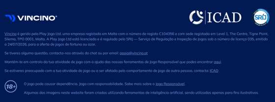 Rodap&Atilde;&copy; do casino Vincino com a licen&Atilde;&sect;a SRIJ n.&Acirc;&ordm; 035, identifica&Atilde;&sect;&Atilde;&pound;o da Play Jogo e avisos de jogo respons&Atilde;&iexcl;vel