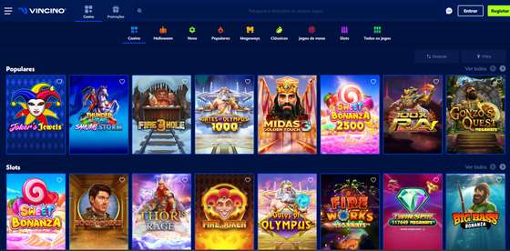 Lobby do casino Vincino com categorias de jogos e slots
