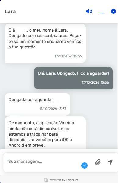 Apoio do Vincino confirma no chat que a aplica&Atilde;&sect;&Atilde;&pound;o m&Atilde;&sup3;vel ainda n&Atilde;&pound;o est&Atilde;&iexcl; dispon&Atilde;&shy;vel