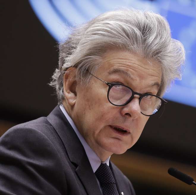 epa09167147 European Commissioner in charge of internal market Thierry Breton attends a debate on European Defense Fund during a plenary session of the European Parliament in Brussels, Belgium, 29 April 2021.  EPA/OLIVIER HOSLET