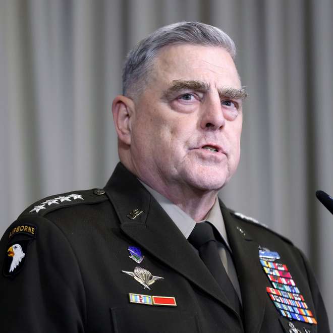 epa10418523 Chairman of the Joint Chiefs of Staff, General Mark Milley speaks to the media after the third meeting of Ukraine Defense Contact Group at the US Air Base in Ramstein, Germany, 20 January 2023. The US Secretary of Defense Austin has invited Ministers of Defense and senior military officials from around the world to Ramstein to discuss the ongoing crisis in Ukraine and various security issues facing US allies and partners.  EPA/RONALD WITTEK