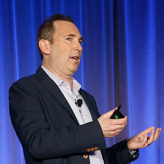 CEO Andy Jassy (left) and VMware CEO Parick P. Gelsinger (right) announce  Amazon's cloud service, AWS, partnering with VMware Cloud creating a new integrated cloud service on Thursday, October 13, 2016, in San Francisco, Calif.