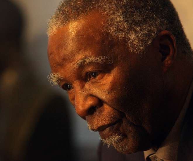 epa05875863 Former South African President Thabo Mbeki (R) speaks about the passing of former South African anti-apartheid activist Ahmed Kathrada, at his offices in Killarney, Johannesburg, South Africa, 28 March 2017. Reports state the veteran South African anti-apartheid activist and politician Ahmed Kathrada passed away on 28 March at age 87, after a complication with a recent medical operation. Kathrada will be buried on 29 March at the West Park Cemetery in Johannesburg.  EPA/KEVIN SUTHERLAND