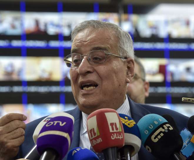 epa09929674 Lebanese Foreign Minister Abdallah Bou Habib speaks to the media during the parliamentary elections taking place outside Lebanon at an operation room to observe the voting process through screens at the Ministry of Foreign Affairs in downtown Beirut, Lebanon, 06 May 2022. Lebanese parliamentary elections for Lebanese citizens residing outside Lebanon will be held on 06 and 08 May 2022, expatriates are expected to take part in legislative elections in nearly 60 countries. Lebanese parliamentary elections in Lebanon are scheduled for 15 May 2022.  EPA/WAEL HAMZEH