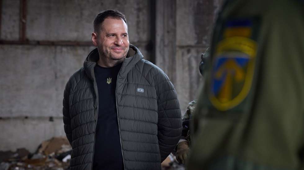 epa10536825 A handout photo made available by the Ukrainian Presidential Press Service shows Andriy Yermak, head of the Office of the President of Ukraine, looking on as President Volodymyr Zelensky (not pictured) visits the advanced positions of the Ukrainian military in the Bakhmut direction, during a working trip to the Donetsk region, at an undisclosed location in Ukraine, 22 March 2023, amid the Russian invasion of the country. Russian troops entered Ukrainian territory on 24 February 2022, starting a conflict that has provoked destruction and a humanitarian crisis.  EPA/PRESIDENTIAL PRESS SERVICE HANDOUT  HANDOUT EDITORIAL USE ONLY/NO SALES
