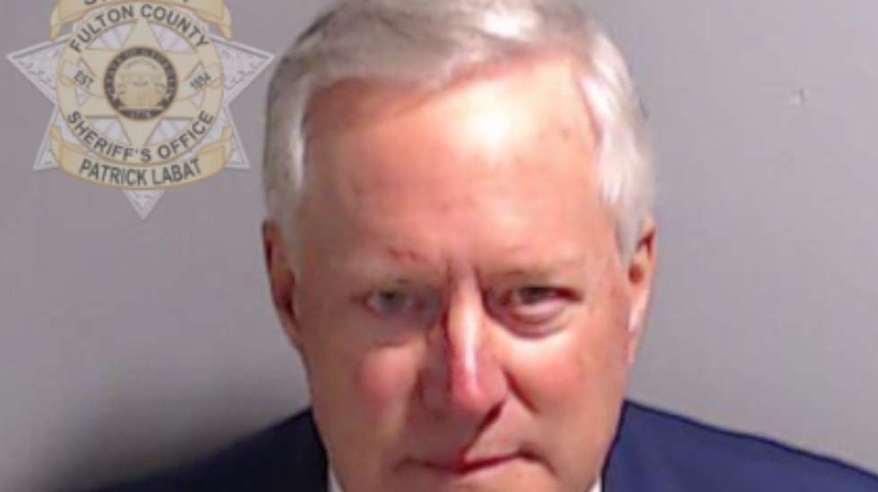 epa10818581 A handout photo made available by the Fulton County Sheriff's Office on 24 August 2023 shows the Fulton County Jail booking photo of former Trump White House Chief of Staff Mark Meadows in Atlanta, Georgia, USA. Meadows and 18 co-defendants, including former US President Donald Trump, have been indicted by a Fulton County Grand Jury for 2020 election interference in Georgia.  EPA/FULTON COUNTY SHERIFF'S OFFICE  HANDOUT EDITORIAL USE ONLY/NO SALES