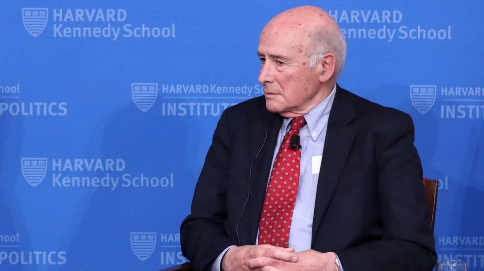 epa10597808 South Korea President Yoon Suk Yeol (L) speaks with Joseph Nye, Harvard University distinguished service professor, emeritus, at Harvard Kennedy School, in Cambridge, Massachusetts, USA, 28 April 2023, as part of his state visit to the US.  EPA/YONHAP SOUTH KOREA OUT