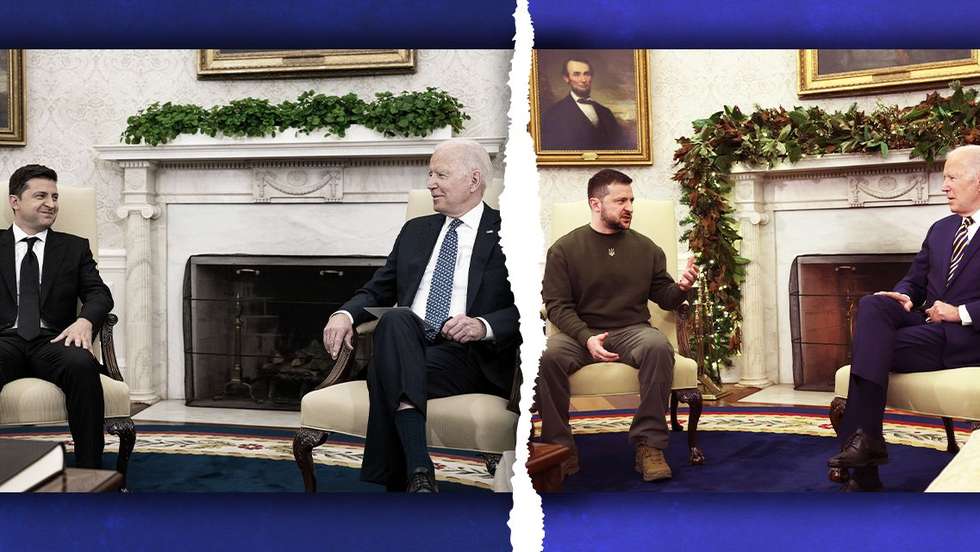 As imagens dos dois encontros entre Zelensky e Biden: à esquerda 2021 e à direita 2022