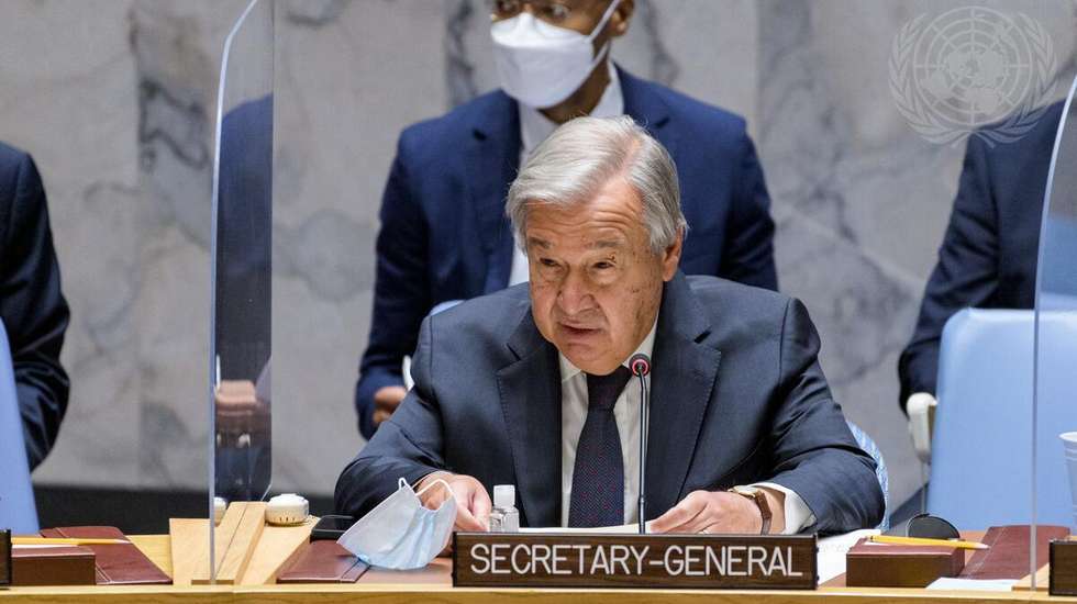 epa09416804 A handout photo made available by the United Nations showing United Nations Secretary-General Antonio Guterres addresses a UN Security Council meeting on the situation in Afghanistan at United Nations Headquarters in New York, New York, USA, 16 August 2021.  EPA/MANUEL ELIAS / UNITED NATIONS PHOTO HANDOUT  HANDOUT EDITORIAL USE ONLY/NO SALES