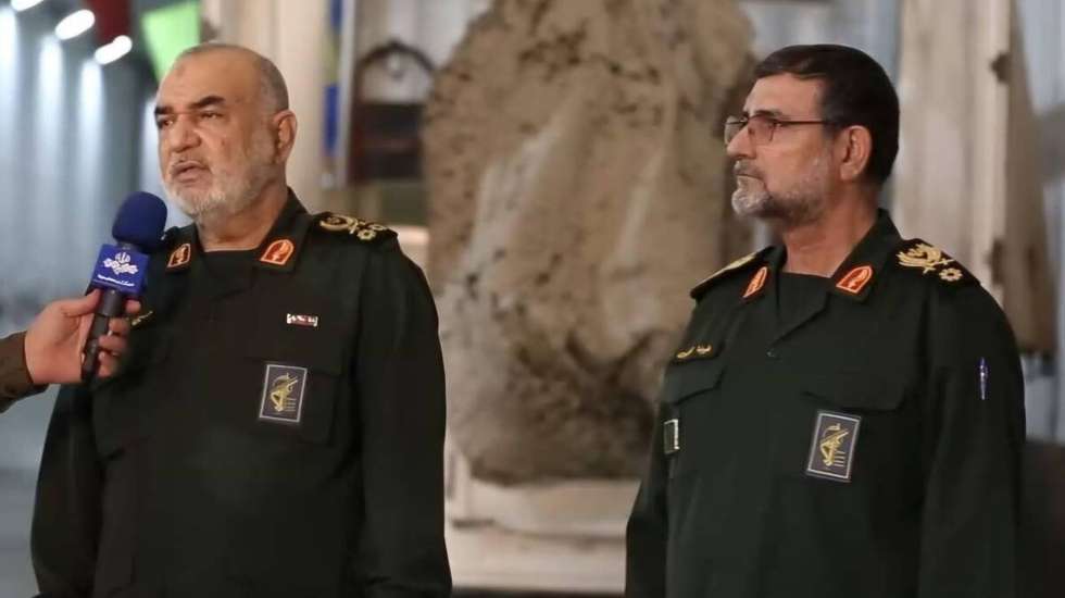 epa11869137 A handout photo made available by the Iranian Revolutionary Guards Corps (IRGC) official website Sepahnews shows the head of the Iranian Revolutionary Guards Corps (IRGC), Hossein Salami (L), alongside navy commander Admiral Alireza Tangsiri (R), during the unveiling of an underground missile base in an unknown location in southern Iran, 01 February 2025. According to a statement by the IRGC, Iran unveiled a new underground cruise missile base on 01 February 2025.  EPA/SEPAHNEWS HANDOUT HANDOUT EDITORIAL USE ONLY/NO SALES
BEST QUAILTY AVILABLE 
HANDOUT EDITORIAL USE ONLY/NO SALES