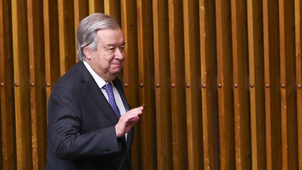epa11877583 United Nations Secretary-General Antonio Guterres (R) departs the Committee on the Exercise of the Inalienable Rights of the Palestinian People at United Nations Headquarters in New York, New York, USA, 05 February 2025.  EPA/SARAH YENESEL
