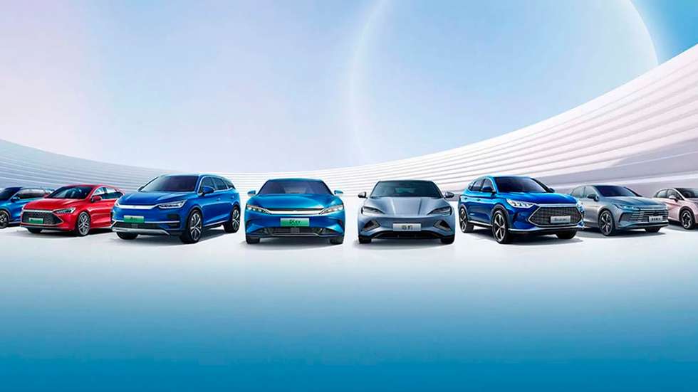 A gama da BYD, sendo que os modelos mais vendidos são o Song, Han, Qin, Yuan e Dolphin
