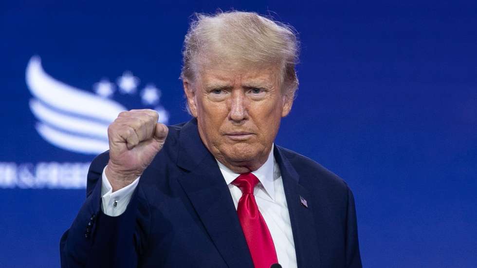 epa10710327 Former US President and 2024 Republican presidential candidate Donald J. Trump gestures after delivering remarks at the Faith and Freedom Coalition's Road to Majority Policy Conference, in Washington, DC, USA, 24 June 2023. The conservative conference provides a platform for a large field of contenders vying for the 2024 Republican presidential nomination.  EPA/MICHAEL REYNOLDS
