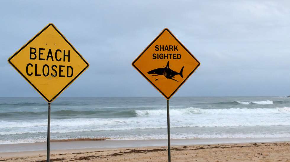 Sinais para encerramento temporário de uma praia devido à observação de tubarões na North Steyne Beach, em Sydney