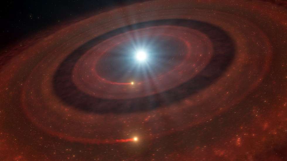 Imagem artística do disco de restos em torno da anã branca J1328−1450
