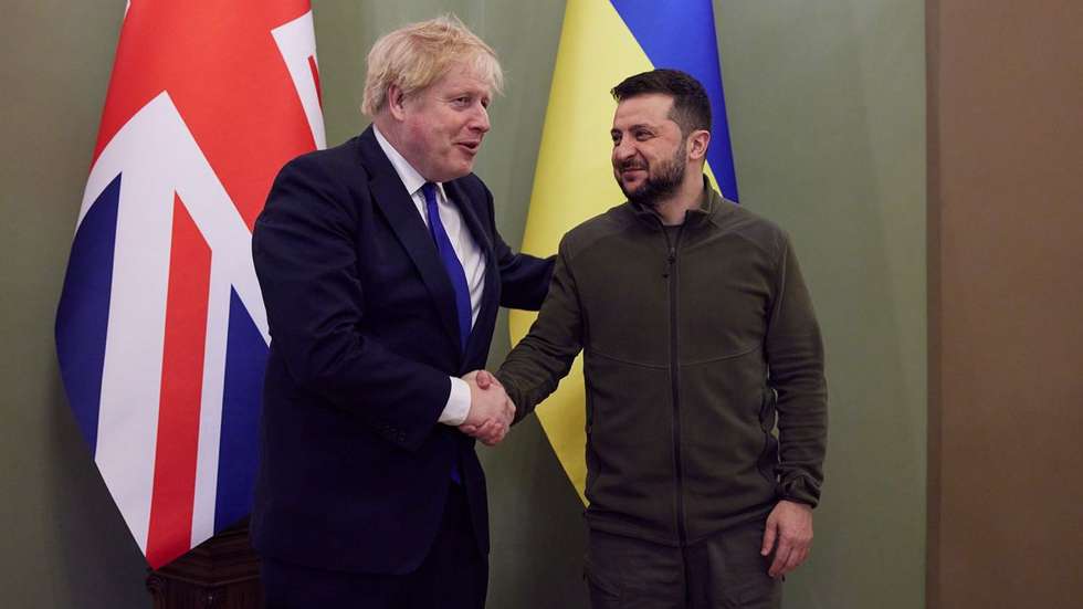 epa09880482 A handout photo made available via the official Telegram channel of the President of Ukraine shows Ukrainian President Volodymyr Zelensky (R) welcomes British Prime Minister Boris Johnson (L) for a meeting in Kyiv (Kiev), Ukraine, 09 April 2022. Johnson arrived in Kyiv on an unannounced surprise visit.  EPA/TELEGRAM/V_Zelenskiy_official / HANDOUT  HANDOUT EDITORIAL USE ONLY/NO SALES