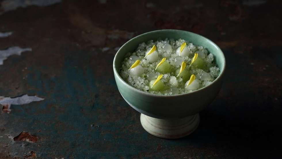 Gelado de melão doce e amargo com mousse de ácer de queijo branco