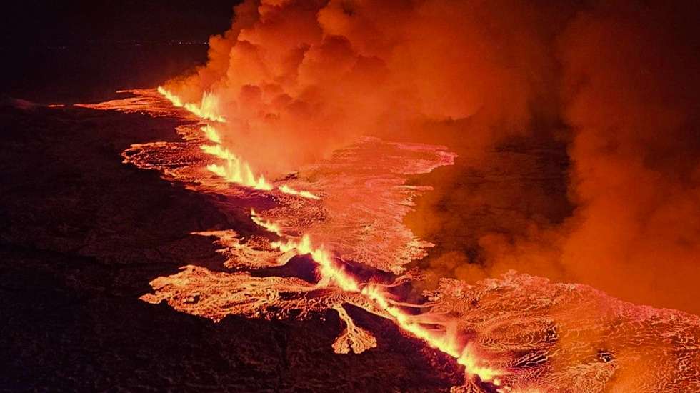 epa11036650 A handout picture provided by Iceland Civil Defense shows a volcanic eruption north of Grindavik, Iceland, 18 December 2023. The Icelandic Meteorological and Seismological Office (MET) reported late 18 December that a volcano erupted about 4 kilometers northeast of the town of Grindavik. An evacuation order for the population of Grindavik was issued early this year on 10 November 2023 following seismic activity and indications of considerable magma movement in the area.  EPA/Iceland Civil Defense (almannavarnadeild) / HANDOUT  HANDOUT EDITORIAL USE ONLY/NO SALES HANDOUT EDITORIAL USE ONLY/NO SALES