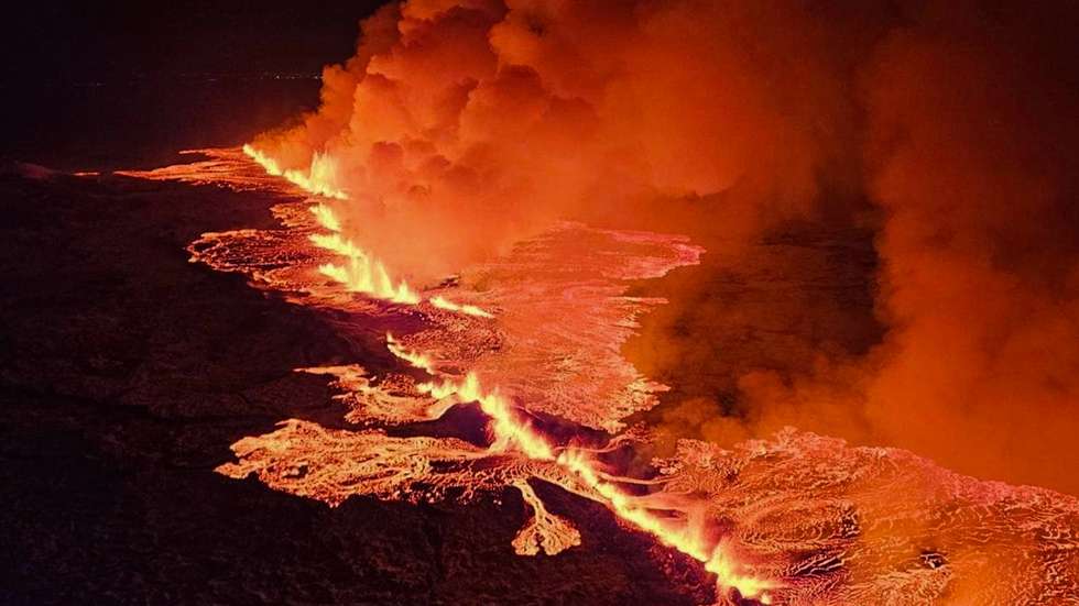 epa11036650 A handout picture provided by Iceland Civil Defense shows a volcanic eruption north of Grindavik, Iceland, 18 December 2023. The Icelandic Meteorological and Seismological Office (MET) reported late 18 December that a volcano erupted about 4 kilometers northeast of the town of Grindavik. An evacuation order for the population of Grindavik was issued early this year on 10 November 2023 following seismic activity and indications of considerable magma movement in the area.  EPA/Iceland Civil Defense (almannavarnadeild) / HANDOUT  HANDOUT EDITORIAL USE ONLY/NO SALES HANDOUT EDITORIAL USE ONLY/NO SALES