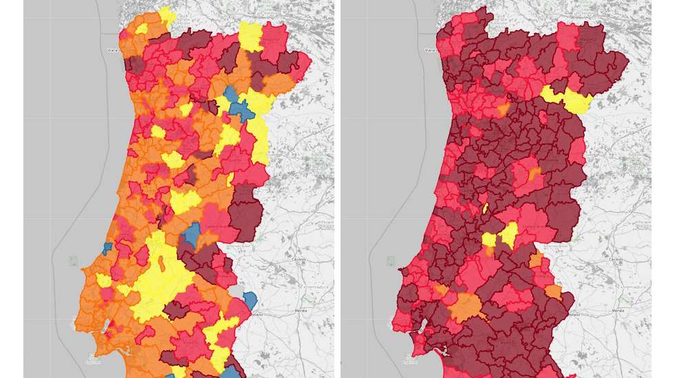 A incidência acumulada a 14 dias antes do Natal (à esquerda) comparada com a incidência depois do Ano Novo