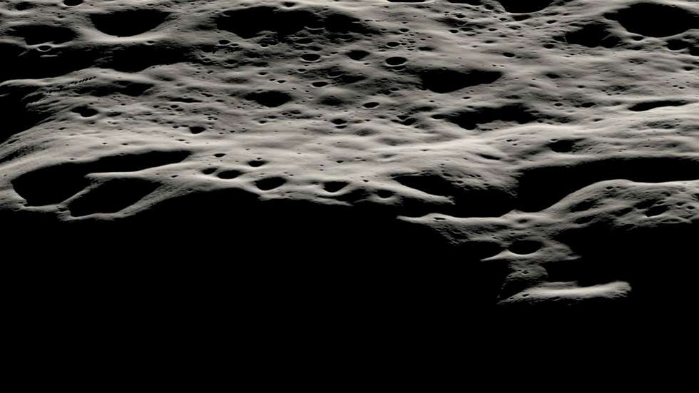 epa09478757 An undated handout photo made available by the NASA shows a data visualization of the mountainous area west of Nobile Crater and the smaller craters that litter its rim at the lunar South Pole (issued 21 September 2021). NASA has designated the area for the Volatiles Investigating Polar Exploration Rover (VIPER) to land near the western edge of the Nobile Crater at the Moon's South Pole with the task to map and explore the region’s surface and subsurface for water and other resources. The region features areas permanently covered in shadow as well as areas that are bathed in sunlight most of the time, NASA says..  EPA/NASA HANDOUT  HANDOUT EDITORIAL USE ONLY/NO SALES