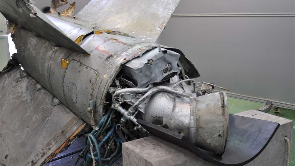 epa10295185 An undated handout photo made available by the South Korean Defense Ministry on 08 November 2022 (issued 09 November 2022) shows debris salvaged by the South Korean military of a ballistic missile that North Korea fired southward on 02 November past its de facto maritime border with South Korea. An interagency analysis of the debris, measuring around 3 meters long and 2 meters wide, indicates that the missile is an 'SA-5' type similar to that used by Russia in the Ukraine war, according to South Korea's military.  EPA/South Korean Defense Ministry / HANDOUT  HANDOUT EDITORIAL USE ONLY/NO SALES