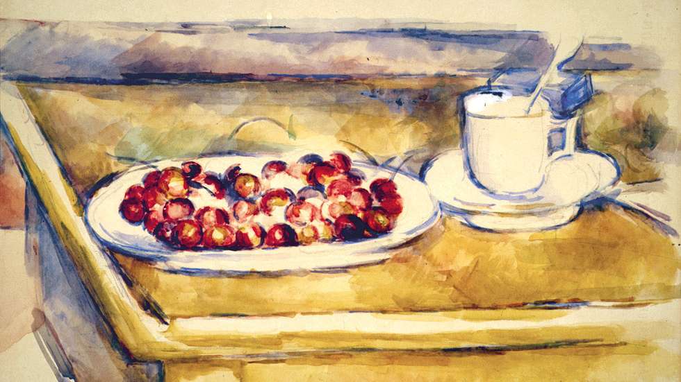 Paul Cézanne, Natureza morta com cerejas (1890), Lápis e aguarela sobre papel branco, , 38 x 49 cm
