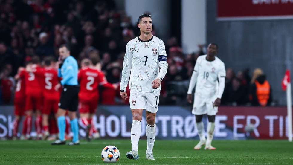 epa11977171 Portugal's Cristiano Ronaldo reacts after Denmark scored the 1-0 goal during the UEFA Nations League quarter final first leg match between Denmark and Portugal at Parken stadium in Copenhagen, Denmark, 20 March 2025.  EPA/JOSE SENA GOULAO