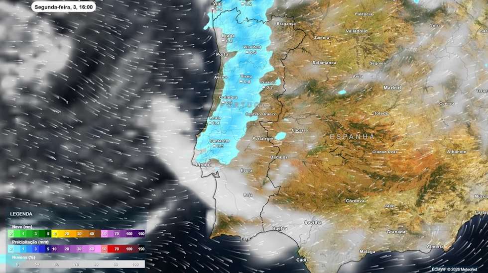 O mapa da Meteored, segundo o modelo europeu, para segunda-feira, dia 3