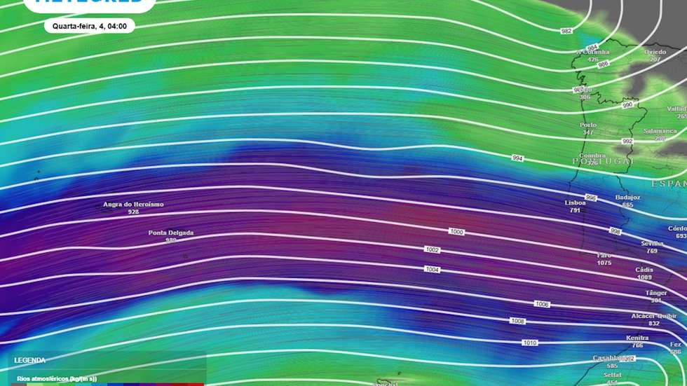 O rio atmosférico que atingirá Portugal na quinta-feira segundo os modelos da Meteored